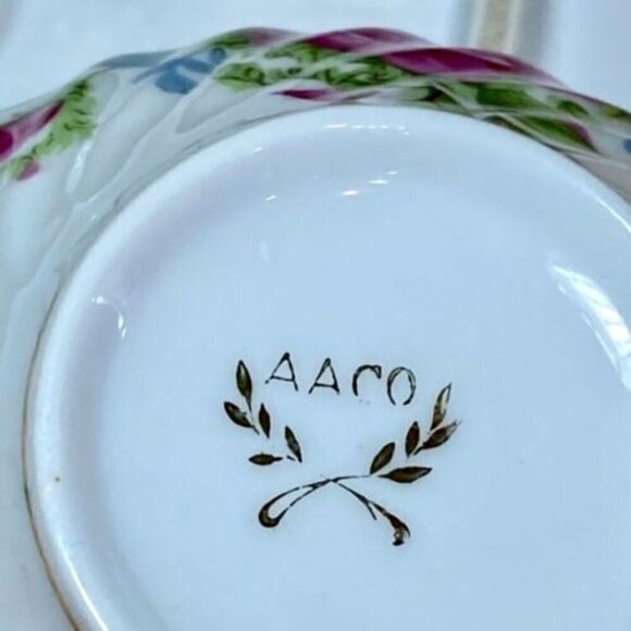 Bone China • Tea Cup & Snack Tray • Pink Purple Green • Gold Trim • Marked AACO - Picture 10 of 12